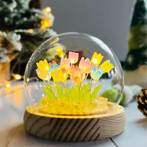 (20 Flower) Assembled Tulip Lamp Night Light with Glass Dome, Cool Handmade Arti - Picture 1 of 12