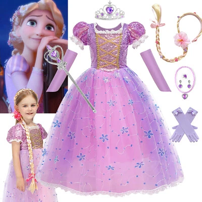 Rapunzel Fancy Dress Up Princess Sequins Costume Girls Kids Birthday Party Gift - Image 1 of 4