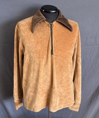 复古 Towncraft Velour Polo 长袖棕色毛圈布衬衫圆形拉链 — 第 1/4 张图片