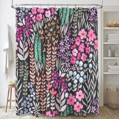 Cortina de Ducha Floral Negra, Rosa Caliente Flor Boho 72" W x 72" L Rosa - Negra Foto 1 de 4