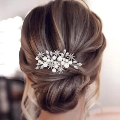 Pente de cabelo Asooll pérola noiva casamento prata strass lado nupcial  - Imagem 1 de 4