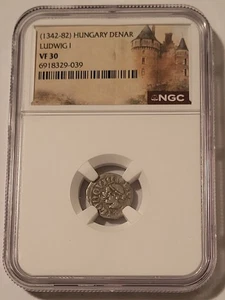 Ungheria - Medioevo - Ludovico I (1342-82) Denaro Argento VF30 NGC - Foto 1 di 4