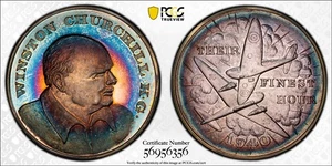 MS64 1965 Gran Bretagna Churchill seconda guerra mondiale Spitfire "Finest Hour" medaglia d'argento, tono PCGS - Foto 1 di 7