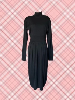 Vestido Vintage Ann Tjian para Kenar 2 Negro Mezcla Lana Cuello Alto Midi Años 80 L Foto 1 de 4