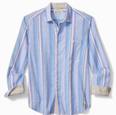 全新 Tommy Bahama 衬衫 男式 中号 蓝色 巴巴多斯 微风 弹力 亚麻条纹 — 第 1/4 张图片