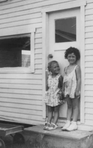 1940s Girls Children Sisters Porch Door Smiling Happy Childhood - Picture 1 of 3