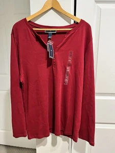 Karen Scott Henley Top With Buttons Red Garnet Long Sleeve NWT 2XL - Picture 1 of 8