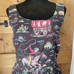 Cath Kidston Dress Cowboy Western Fit And Flare Barkcloth Cotton Retro Sz 10 - Picture 1 of 14