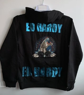 Винтажная синяя толстовка с капюшоном с металлическим принтом Ed Hardy x Christian Audigier молодежная LG новая с ценниками - Изображение 1 из 4