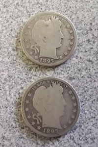 1897 P (lot of 2)  90% silver U.S. Barber quarter Circulated ungraded uncert. - Picture 1 of 4