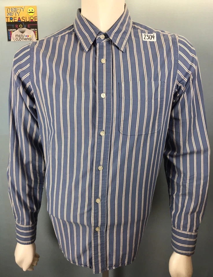 Mens Duck Head Jeans Co Large Athletic Fit Teal Blue + White Vert Striped Shirt - Image 1 of 4