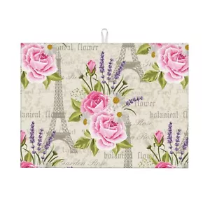 Pink Rose Flower Absorbent Washable Cloth Dish Drainer Mat Floral Eiffel Tower R - Picture 1 of 8