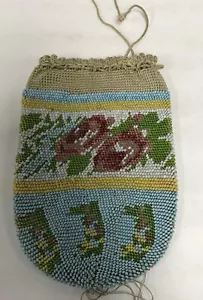Antique Floral Nice Silk Lining Pink Lavender Brown Micro Bead Tassel Purse - Picture 1 of 2