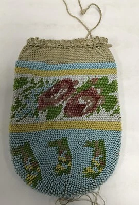 Cartera Antigua Floral Bonita Forro de Seda Rosa Lavanda Marrón Micro Cuentas Borla Foto 1 de 2