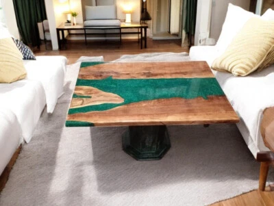 Mesa de comedor de resina epoxi verde 36"x24" hecha a pedido muebles de hotel bar decoración Foto 1 de 4