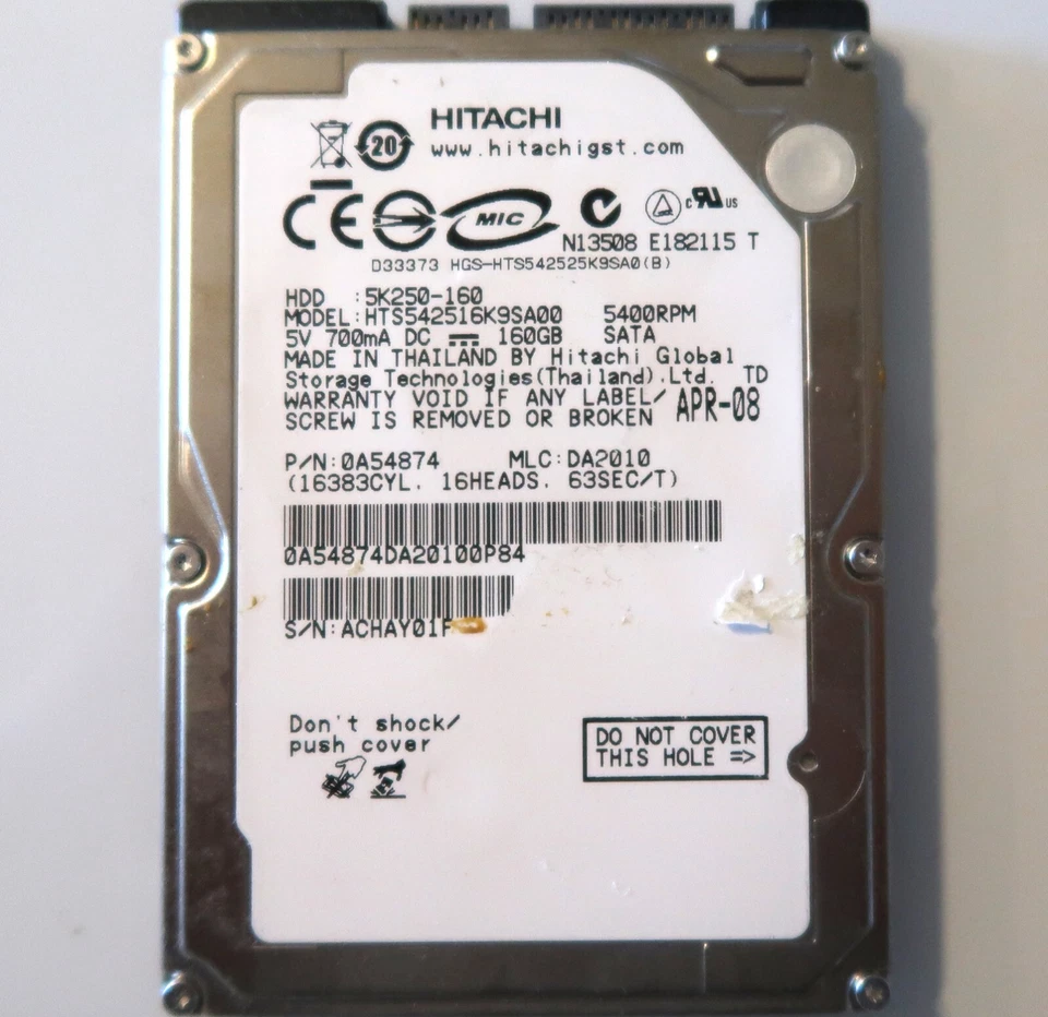 Hitachi HTS542516K9SA00 0A54874 DA2010 (ACHA) Thailand 2.5" 160gb Sata APR-08 - Image 1 of 1
