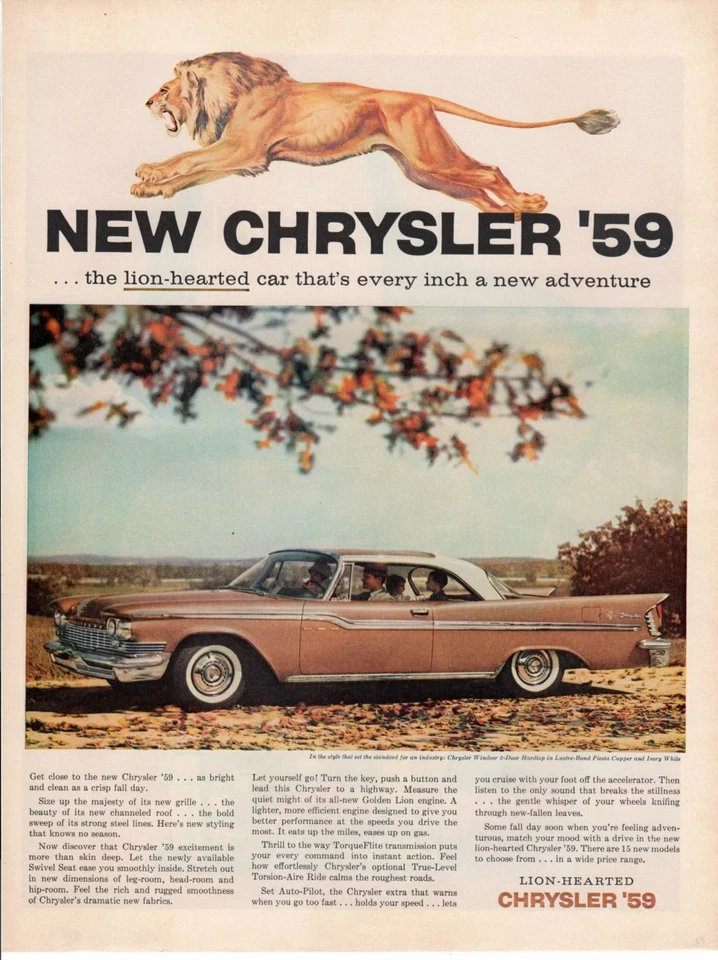 Vintage Print advertisement ad Car CHYSLER 1959 Windsor Fiesta Copper Ivory Lion - Image 1 of 1