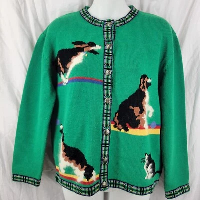 Suéter cárdigan verde vintage de perro y gato Susan Bristol 1991 talla mediana Foto 1 de 4