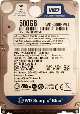 Western Digital 500GB WD5000BPVT 5400RPM SATA 2.5" Laptop HDD Hard Drive 9.5mm - Image 1 of 3