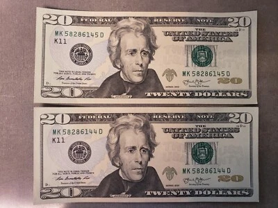 NEW TWENTY Dollar Bills, SERIES 2013 $20 Sequential Notes LOT of 2 - Image 1 of 3