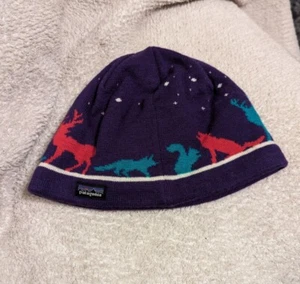Patagonia Beanie Boys  Orange Purple Animal Print Wool Polyester Cap Hat Rare - Picture 1 of 5