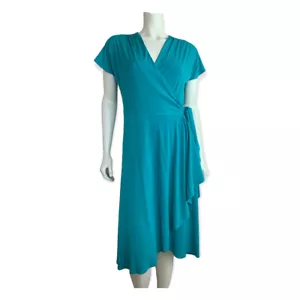 NEU Vicky Tiel Jersey Wickelkleid Gr. M Flatter V-Ausschnitt Kurzarm Midi Stretch - Bild 1 von 12