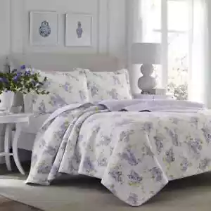 Laura Ashley Quilt Set Full/Queen 3-Piece Solid Reversible, Soft Cotton Purple - Picture 1 of 5