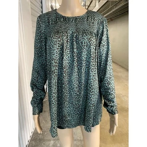 Camicetta J. Jill donna media top blu marrone stampa animalier manica lunga smocked - Foto 1 di 10