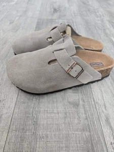 Birkenstock Suede LEATHER gray Clogs Soft Footbed NWOT Size 37 6.5 W, flaw - Picture 1 of 12