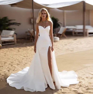 Charming Mermaid Wedding Dresses Side Slit Ivory Bridal Gowns Court Train Sleeve - Image 1 of 4