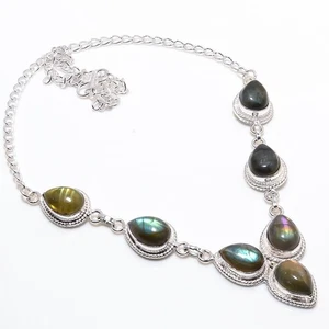 Natural Labradorite Gemstone 925 Sterling Silver Jewelry Necklace Size-18 - Picture 1 of 1