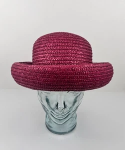 VTG Laura Ashley Italy Pink Red Raffia Straw Hat Rolled Brim Coche Style Cottage - Picture 1 of 11