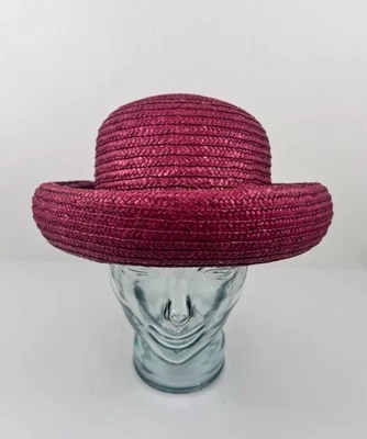De Colección Laura Ashley Italia Rosa Rojo Rafia Sombrero de Paja Ala Enrollada Estilo Coche Casa de Campo Foto 1 de 4
