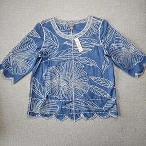 Chicos Top Womens 3 (XL/16) Blue Embroidered Tunic Floral Scallop Hem Pullover - Picture 1 of 11