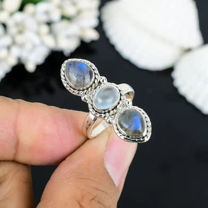 Naturale Labradorite & Acquamarina Anello 925 Argento Sterling Promessa Boho - Foto 1 di 8