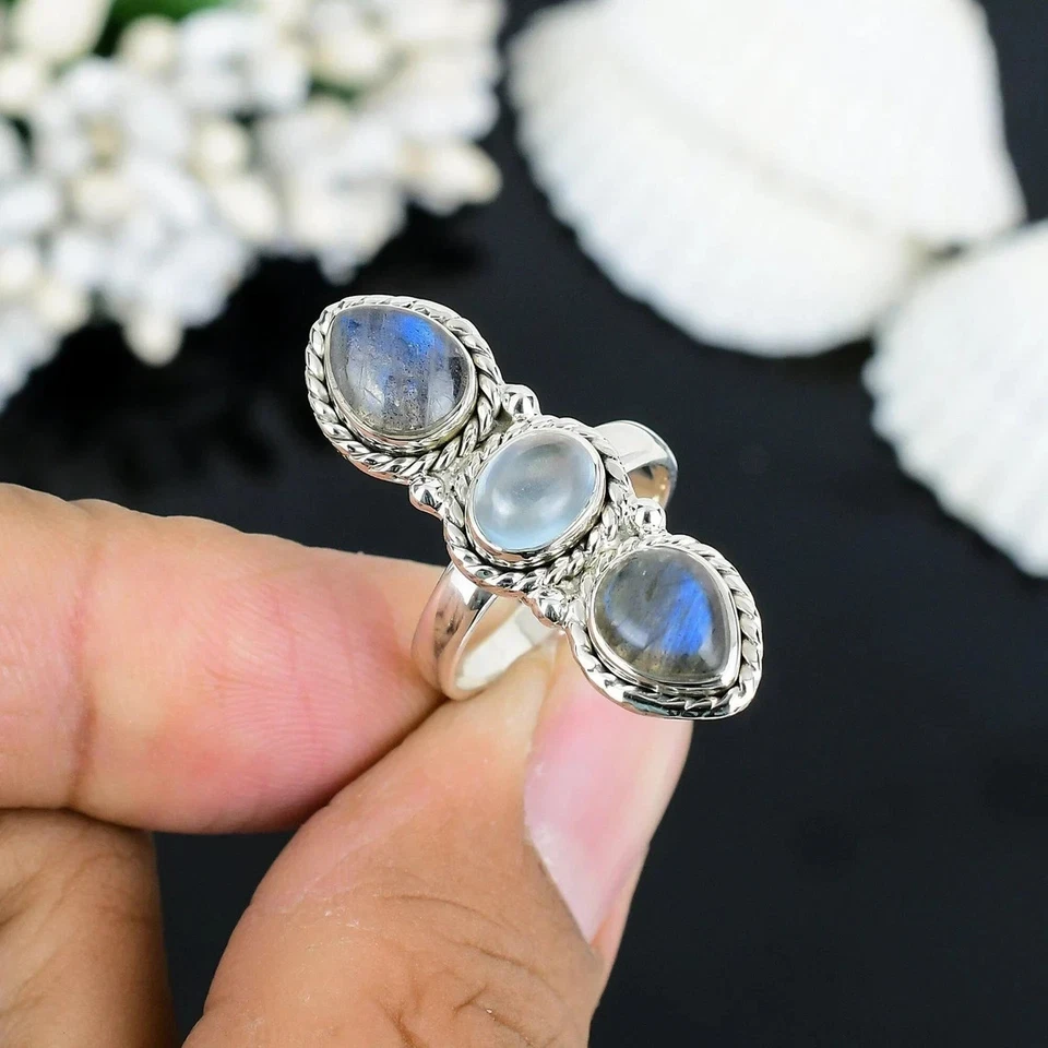 Naturale Labradorite & Acquamarina Anello 925 Argento Sterling Promessa Boho - Immagine 1 di 4