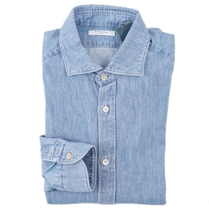 Boglioli Extra-Slim Sky Blue Chambray Denim Cotton Shirt 15,5 (EU 39) S Neu mit Etikett - Bild 1 von 8