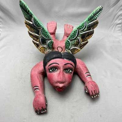 Escultura de parede vintage mexicana esculpida em madeira anjo pintada à mão 20 polegadas - Imagem 1 de 4