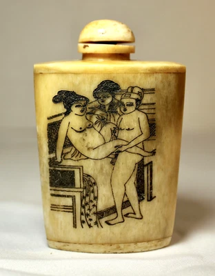 Antique Erotic SNUFF BOTTLE w/ Lid. 3 Hand Carved Erotic Scenes. Triangle Shape - Image 1 of 4