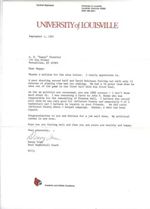 Louisville Coach Denny Crum Letter To A.B. Happy Chandler Signature Auto 9-1-87 - Picture 1 of 2