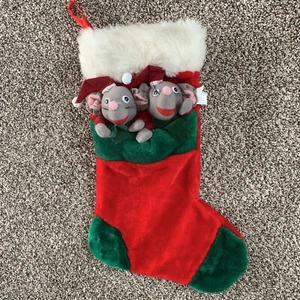 Vintage Christmas Stocking Mice Sleeping in Bed Plush 3D Cute - Picture 1 of 12