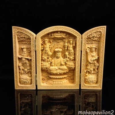 Antigua estatua china de caja de madera de Buda tallada a mano de tres puertas Foto 1 de 4