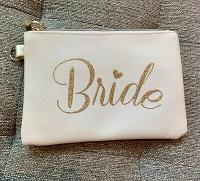 Bride Wristlet Clutch Zip White Gold Glitter Faux Leather Purse Wedding Wallet - Image 1 of 4