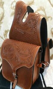 Western Horse Saddle Bag Tooled Genuine Cow Hide Leather 10 L x 10 W x 3 ½ D