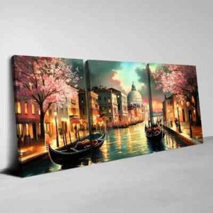3pcs Beautiful Longed Water City & Pink Trees  Wall Art Canvas Framed 50x70cm - Picture 1 of 3