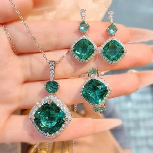 3pc Set Paraiba Green Citrine Gemstone Charm Women Silver Necklace Earring Ring - Picture 1 of 7