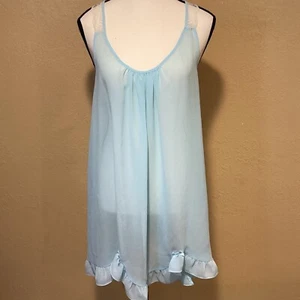Ambrielle Powder Blue Nightie, Size Large, Lace T-Back, Ruffle Bottom with Bows - Picture 1 of 6