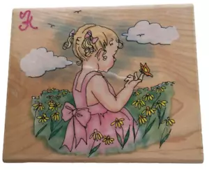Inkadinkado Rubber Stamp Little Girl Butterfly Meadow Flowers Spring Summer - Picture 1 of 5