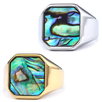 Anillo de sello de acero inoxidable con carcasa de abulón cuadrado vintage para hombre Foto 1 de 4