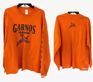 T-shirt uomo vintage Gildan Garnos Hunting Ranch XL manica lunga arancione uccellini Y2K - Foto 1 di 10
